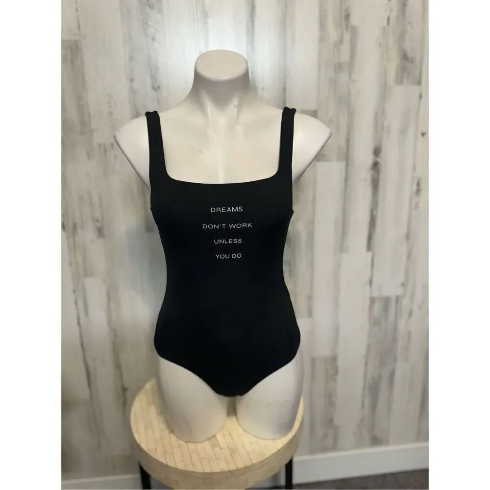 Forever 21 Black Motivational Graphic Bodysuit “Dreams Don’t Work Unless You Do”